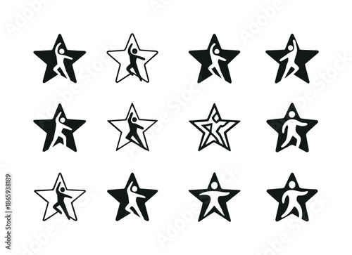 Dancing Logo Variations. Dancing for TV shows and talent competitions. Icon set. Set Logo of Dancing for TV shows and talent competitions: star-stage