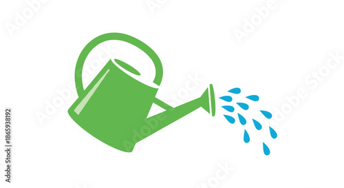 Green garden watering can pours blue drops of water to represent plant care, irrigation, and the growth of nature in a simple icon style.