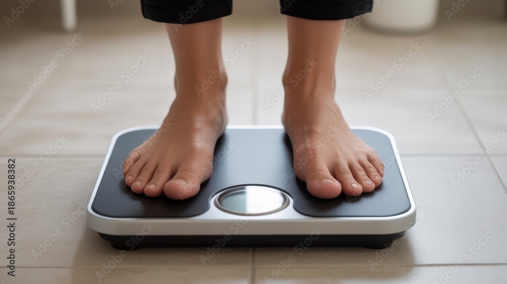 Fototapeta premium Balancing Act: The image depicts bare feet standing on a weight scale, symbolizing personal health, fitness, and body weight.