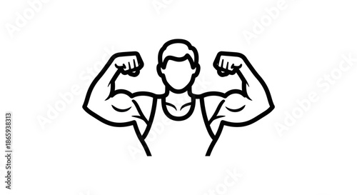 Strong Man Flexing Biceps Muscles Outline Icon.