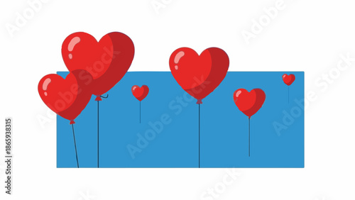 Several red heart-shaped balloons float against a bright blue backdrop