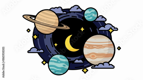 Whimsical celestial scene with planets, crescent moon, stars, and clouds