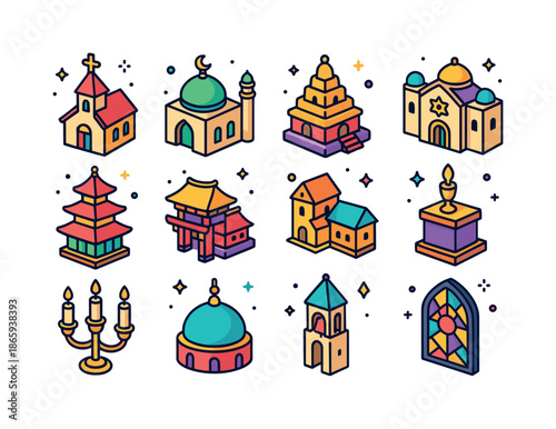 Vibrant Worship Icons. Places of worship. Colorful isometric vector icons set of places of worship: church, mosque, temple, synagogue, pagoda,