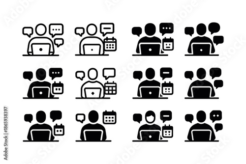 Multitasking Professional Logos. Multitasking professionals working on laptops. Icon set. Set Logo of multitasking professionals working on laptops: person on