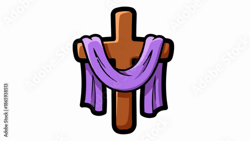 Simple brown cross draped with a purple cloth, cartoon style