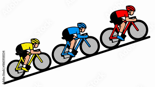 Three cartoon cyclists in red, blue, and yellow outfits race uphill on bicycles