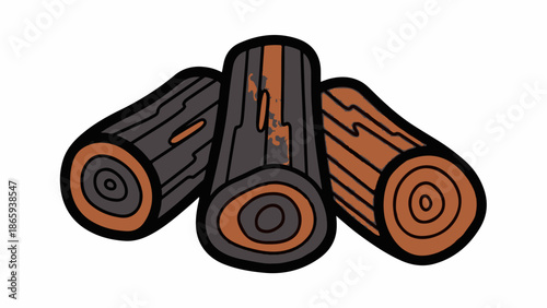 Three cartoon logs with textured bark and visible rings, in grey and brown hues