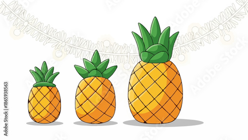 Three cartoon pineapples of varying sizes on a white background with decorative lights