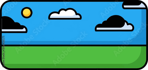Simple cartoon sky and grassy field with clouds and sun