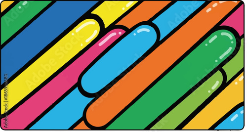 Vibrant, rounded bars in diagonal rows of primary and secondary colors, abstract pattern