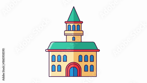 Simple cartoon style building with a peaked roof tower and arched entrance