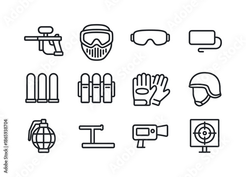 Paintball Gear Icons. Paintball equipment. Line icon set of Paintball equipment: paintball gun, mask, goggles, barrel plug, pods, pod belt, gloves, helmet,