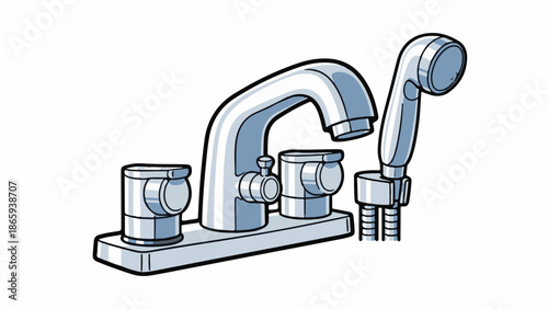 Simple line drawing of a modern bathroom faucet with a hand shower attachment