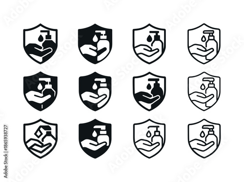 Sanitizer Logo Icons. Sanitizer use in everyday settings. Icon set. Set Logo of Sanitizer use: hygiene shield. harmonious logo variations of the same