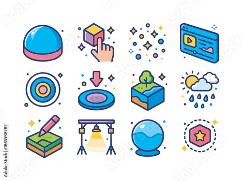 Colorful Isometric Icon Set. Immersive environments. Colorful isometric vector icons set of immersive environments: ? dome, object interaction icon, light
