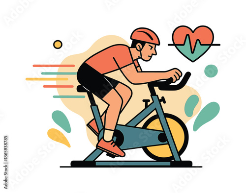 Dynamic Cycling Performance. Cycling power. A cyclist pedals hard on a stationary bike with digital speed trails and heart rate graphics pulsing above. Modern