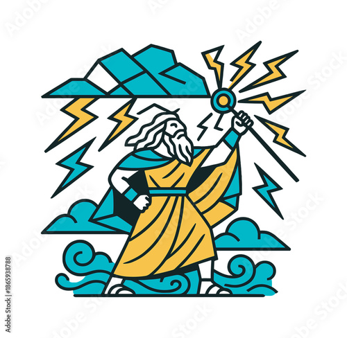 Thunder Deity Illustration. Thunder caller. With a raised staff, the deity unleashes crackling storm arcs; clouds split into sharp geometric shapes. Modern