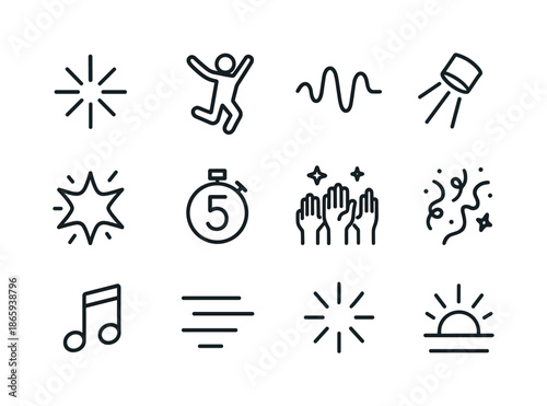Showtime Icon Set. Showtime energy. Line icon set of showtime energy: starburst, jumping dancer, rhythmic waves, spotlight flash, performance spark, countdown