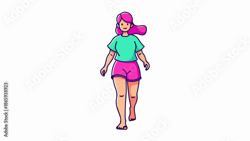 Stylized character with pink hair and vibrant clothing walks barefoot