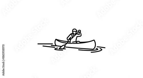 Line Art Illustration of Person Paddling a Canoe on Water.