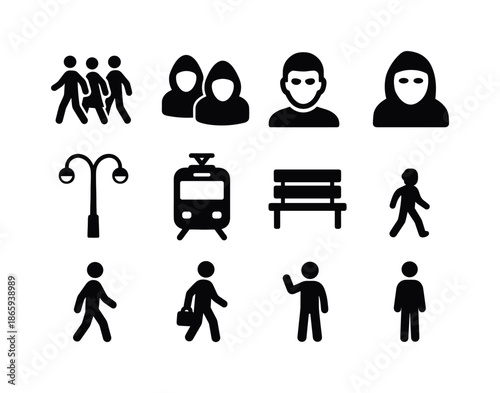 City Nightlife Icons. City nightlife. Solid icon set of city nightlife: walking crowd, silhouetted figures, hooded figure, masked person, street lights, tram,
