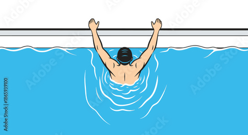 Swimmer holding onto pool edge from behind wearing a black swim cap.