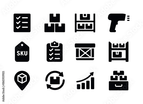 Inventory Icons Grid. Inventory Management. Solid icon set of Inventory Management: inventory list, stacked boxes, stock shelves, barcode scanner, SKU tag,