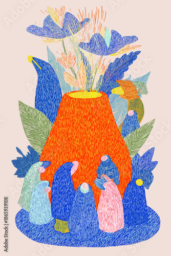 Colorful Illustration of a Vibrant Volcano Surrounded by Playful Creatures