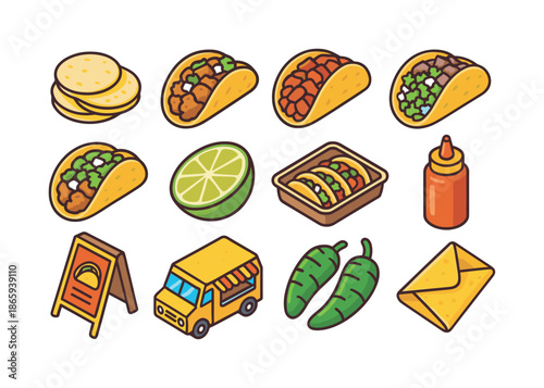 Street Taco Icons. Street tacos. Colorful isometric vector icons set of Street tacos: mini tortilla tacos, carnitas taco, al pastor taco, carne asada taco,