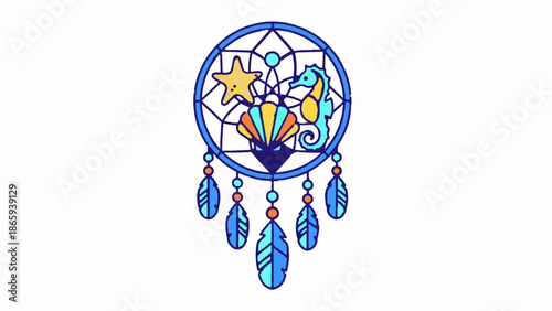 Whimsical dreamcatcher with ocean motifs, featuring a seahorse, starfish, shell, and feathers