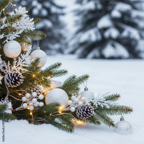 Decorated Christmas Tree in Snowy Forest with Lights.