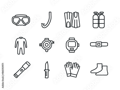 Scuba Gear Icon Set. Scuba Gear. Line icon set of Scuba Gear: diving mask, snorkel, fins, oxygen tank, wetsuit, regulator, dive computer, weight