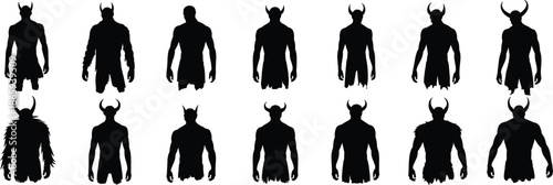 Silhouette set of horned demon male figures in various standing poses, black vector monsters for fantasy illustration, horror theme, mythological creature graphic design
