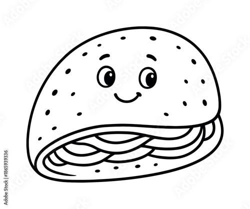 Flatbread Coloring Fun. Stuffed flatbread children?s coloring book illustration, outlined drawing, smiling flatbread folded with simple layered filling,