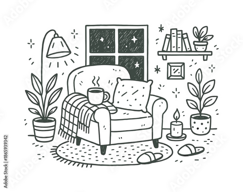 Cozy Living Essentials. Cozy living. Hand-drawn doodle illustration Cozy living armchair, blanket, warm mug, candle, plants, bookshelf, window, rug, slippers,