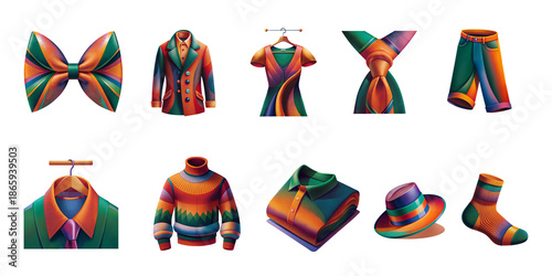 Colorful clothing and accessories 3D gradient illustration icon set – bow tie, jacket, dress, shirt, sweater, hat and socks transparent background