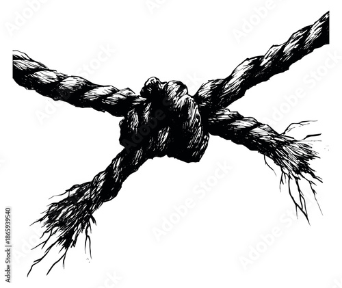 Hand drawn line art illustration of a rope knot depicting strength and wear for concepts of challenge and durability
