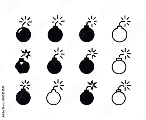 Explosive Logos Grid. Explosive devices. Icon set. Set Logo of Explosive devices: spark ignition symbol. harmonious logo variations of the same emblematic