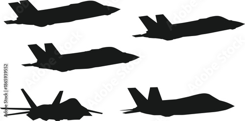 Silhouettes of advanced fighter jets, military stealth aircraft vector, modern air force planes, tactical combat jets side view, aviation illustration.