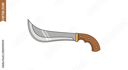 Curved Blade Knife with Wooden Handle Sharp Edge and Metal Guard.