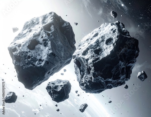 Asteroids floating in space, with a bright planet