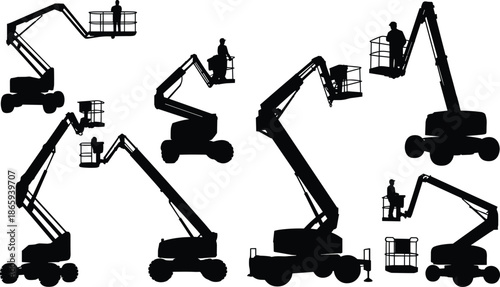 Silhouettes of boom lifts with workers elevated on platforms, aerial work platforms, construction equipment, industrial machinery, height safety, maintenance tools