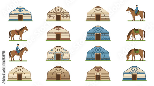 Traditional Mongolian Ger Yurts and Horses.