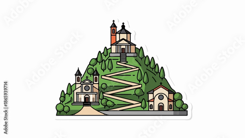 Stylized hilltop with churches and winding path, surrounded by trees