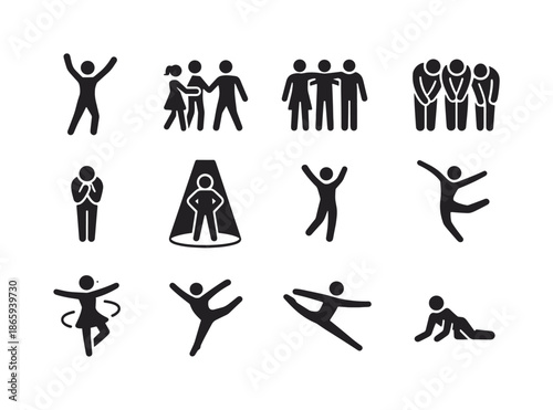 Minimalist Performer Icons. Performers. Solid icon set of performers: solo dancer, duet dancers, trio group, quartet group, stage bow, applause pose,