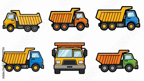 Six cartoon dump trucks in various colors and perspectives