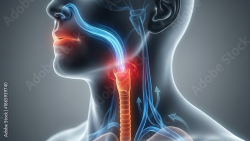 An abstract airway airflow illustration with throat restriction highlight explaining sleep apnea breathing dynamics