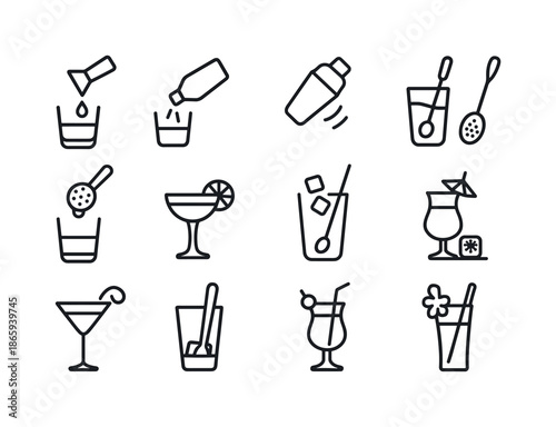 Cocktail Icon Set. Cocktail mixing steps. Line icon set of Cocktail mixing steps: measure, pour, shake, stir, strain, garnish, add ice, chill, serve, twist,