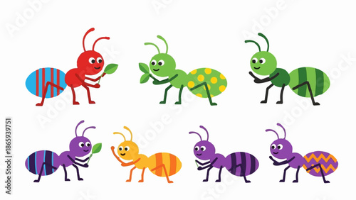 Six colorful cartoon ants with patterned bodies on a white background