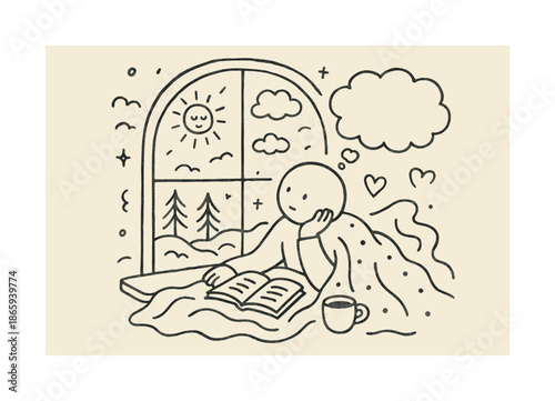 Window Daydream Delight. Window daydream. Hand-drawn doodle illustration Window daydream figure looking out, sun, clouds, heart, soft shapes, blanket, book,